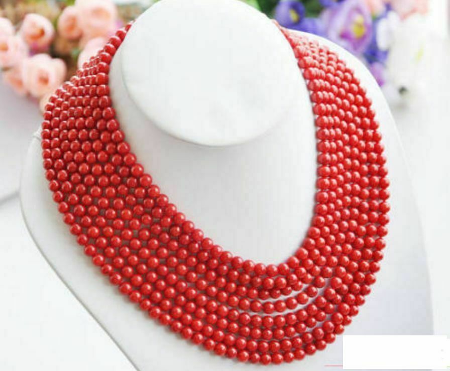 8 Rows Natural 6MM Red Round Coral Beads Necklace & Bracelet