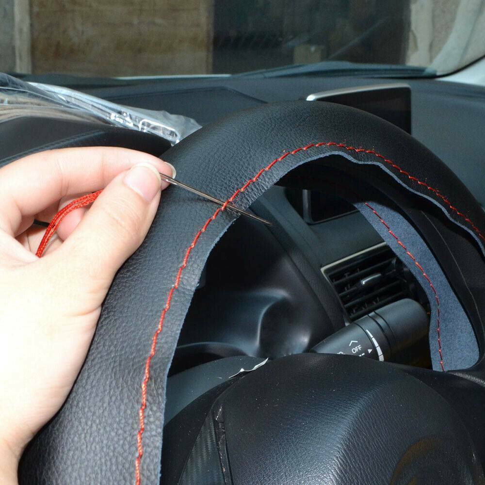 38cm Car Truck Leather Steering Wheel Cover With Needles Thread Black & Red