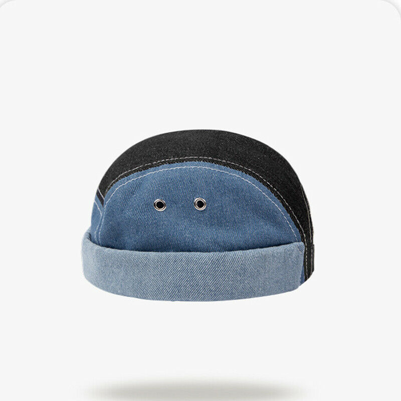 Men Denim Jean Patchwork Skullcap Sailor Hat Beanie Hip Hop Cuff Brimless Splice