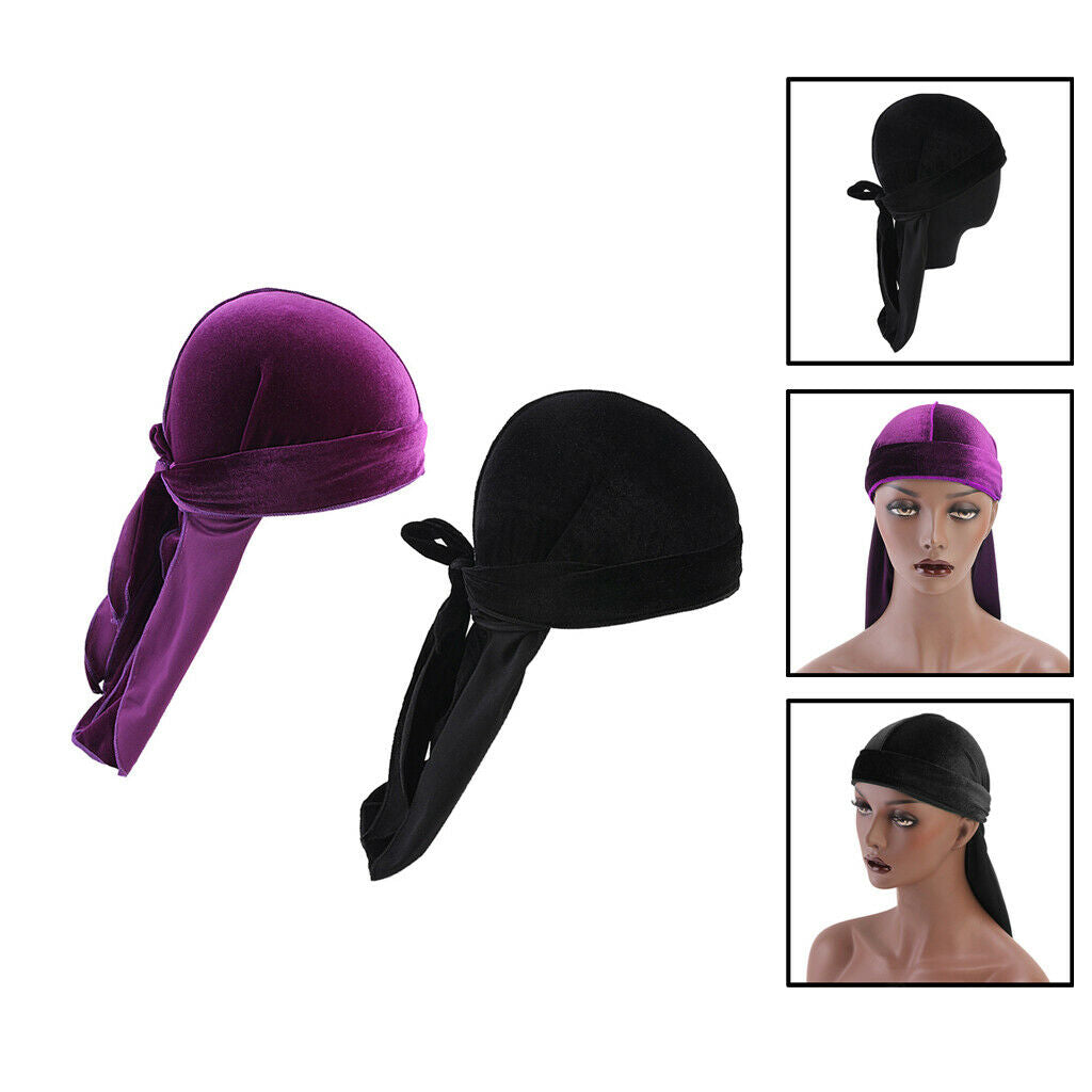 2Pack Fashion Velvet Bandana Hat Long Tail Headwrap Chemo Hat for Hair Loss