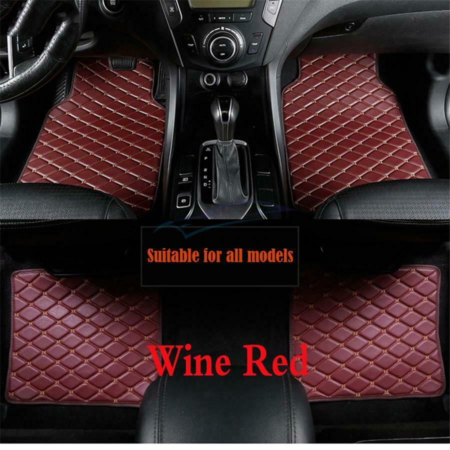 4× Wine Red & Beige Line PU Leather Auto Car Floor Mats Front Rear Liner Weather