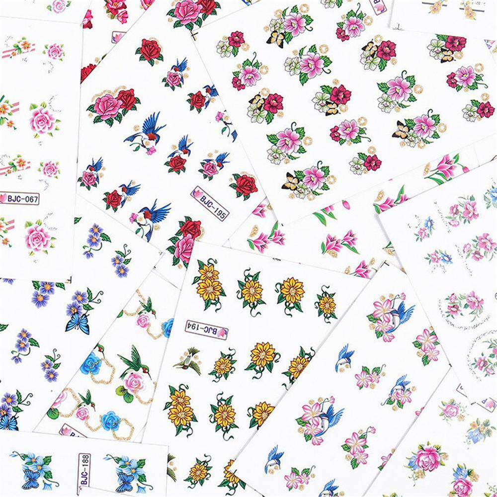 55Pcs Cherry Nail Decals Flower Butterfly Nail Art Water Transfer Stickers Decor