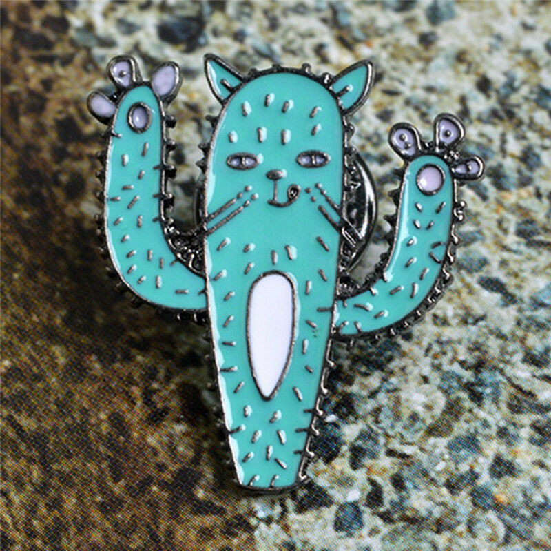 Cartoon Enamel Cactus Plant Cat Brooch Pins Animal Lapel Collar Pin Jewelr.l8