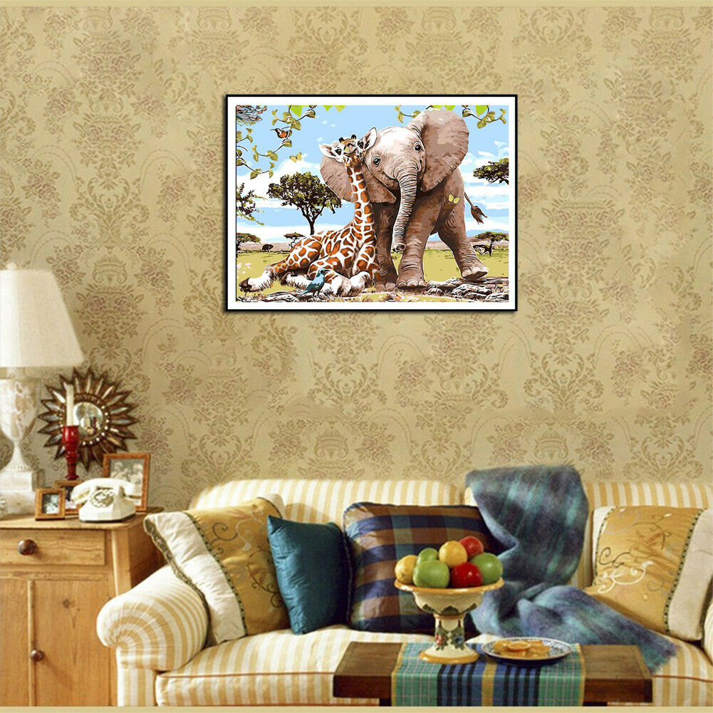 Giraffe Elephant 5D DIY Full Drill Round Rhinestones Painting Embroidery @