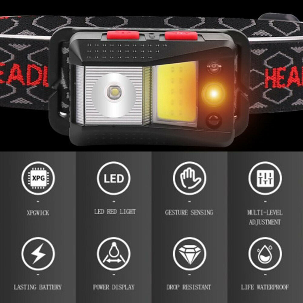 LED Outdoor Headlight Headllamp Waving Smart IR Sensor USB Fishing RGB Light