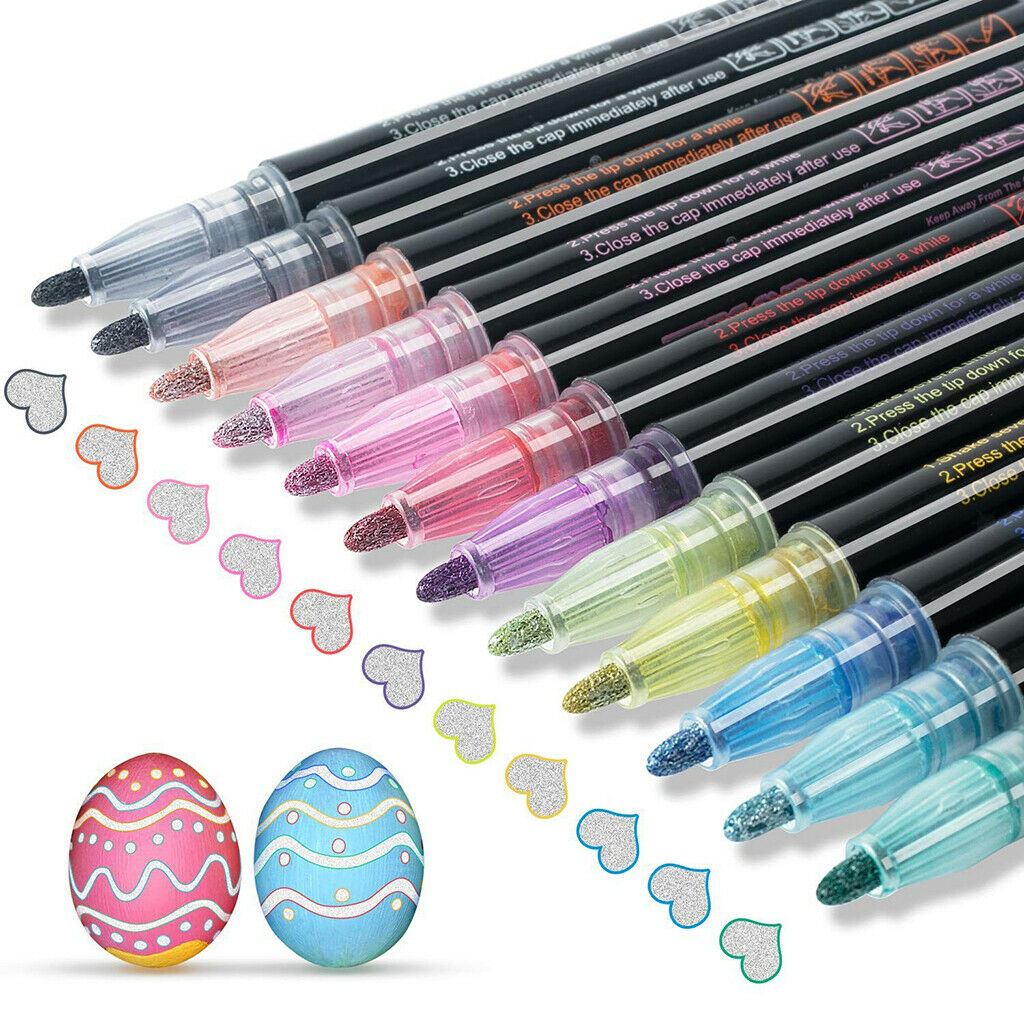 12x Glitter Metallic Double Line Pens Arts Drawing Doodle Pens Diary Journaling