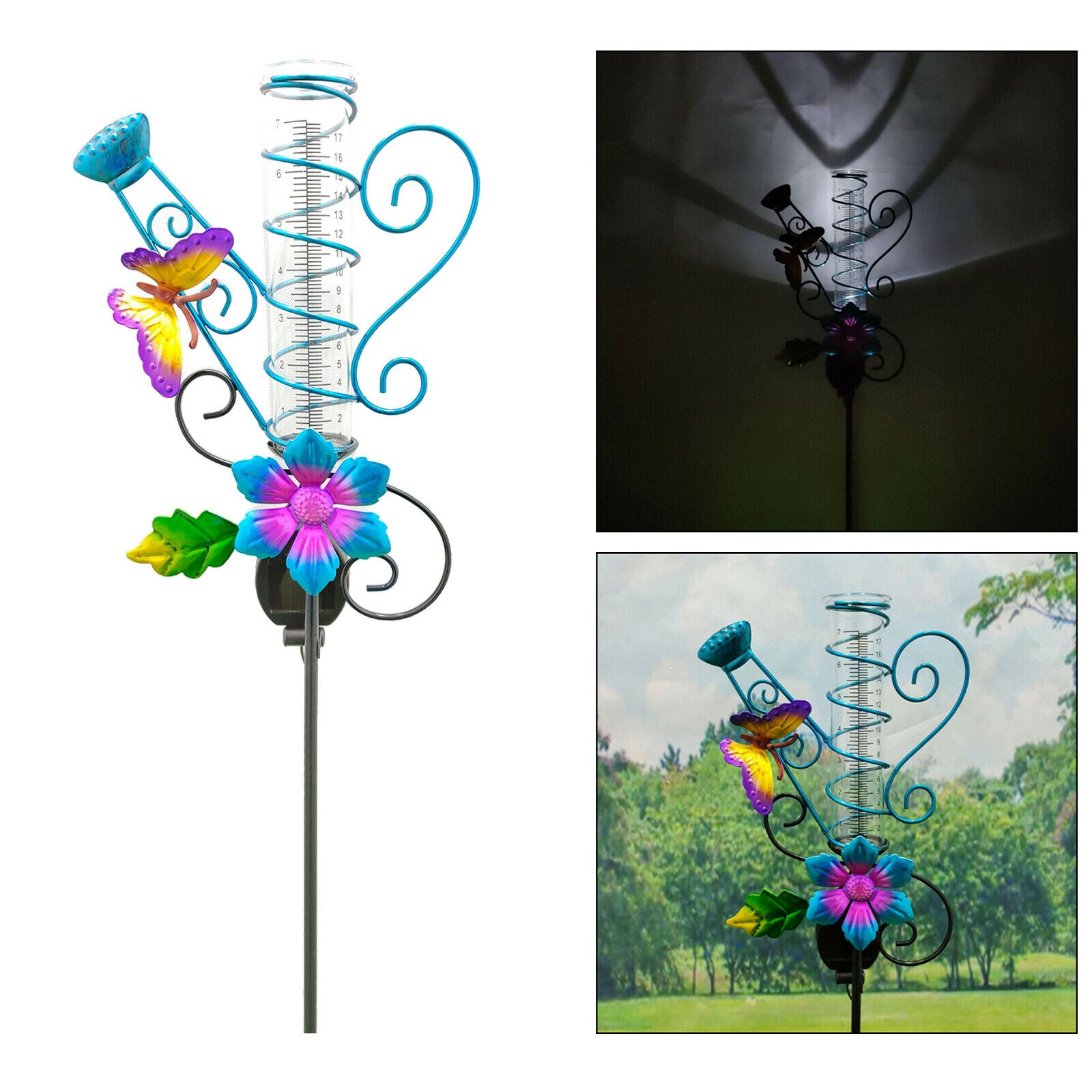 Solar Powered LED Lighted Metal Butterfly Flower Rain Gauge Garden Stakes Light