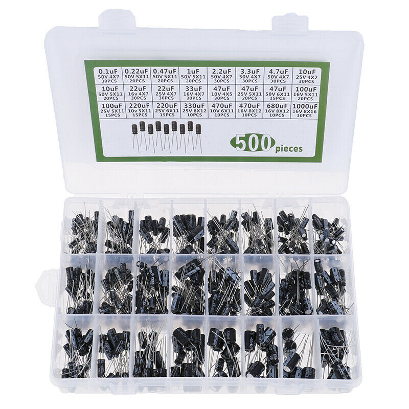500Pcs 0.1-1000UF 24Values Aluminum Electrolytic Capacitors 16-50V CapacitoY1