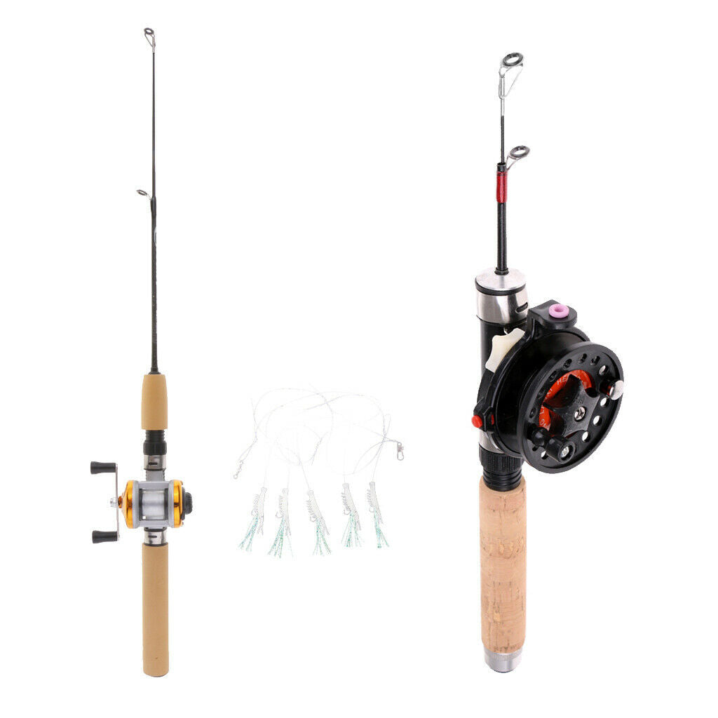 2pcs Ice Fishing Rod with Reel Line Hook Winter Micro Spinning Rod Travel Poles