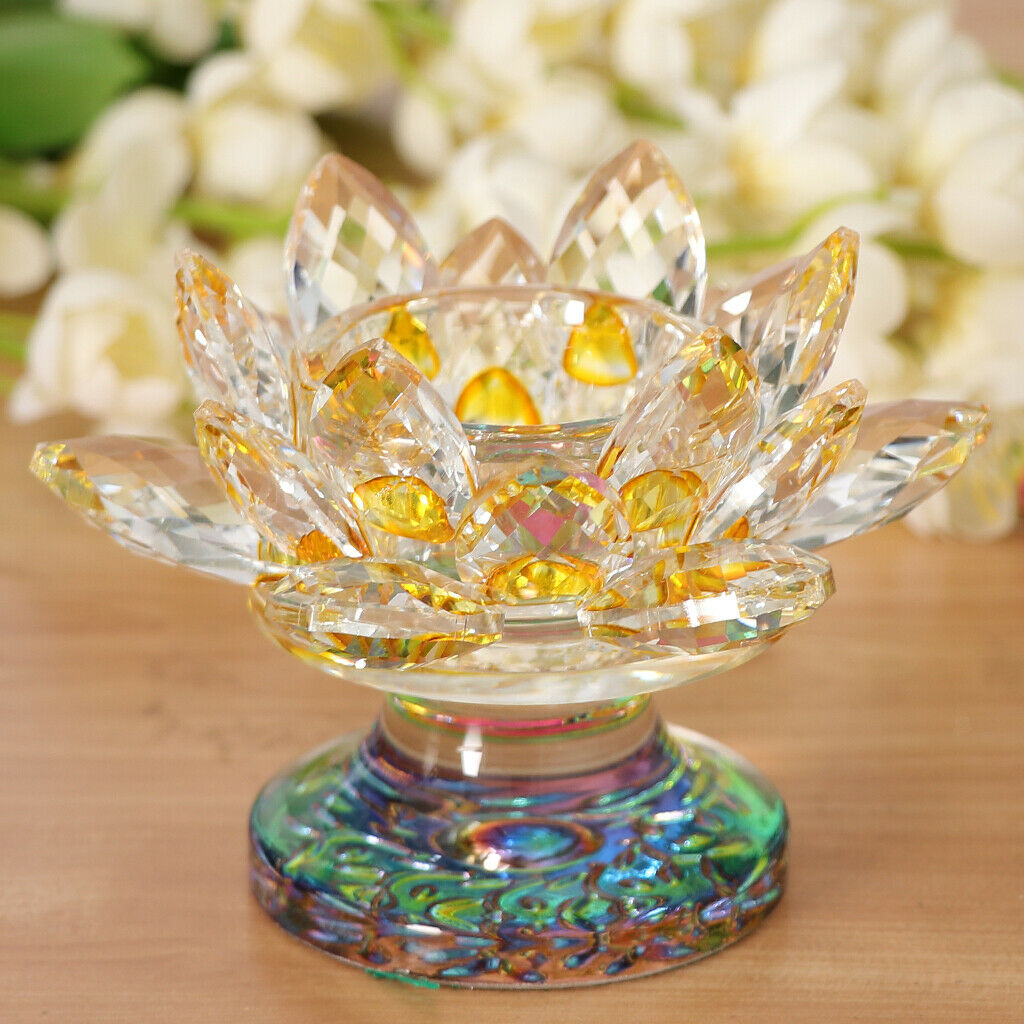 7 Colors Buddhist Crystal Glass Tea Light Lotus Flower Candle Holder Yellow