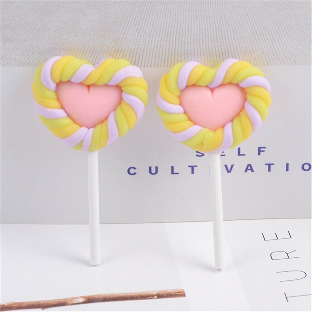 Lot of (x6) Random Polymer Clay Heart Lollipops Craft Embellishments Slime Charm