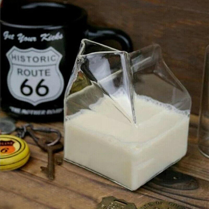 1Pc 300ML Half Pint Milk Carton Style Creative Mini Creamer Jug Glass Milk M TL