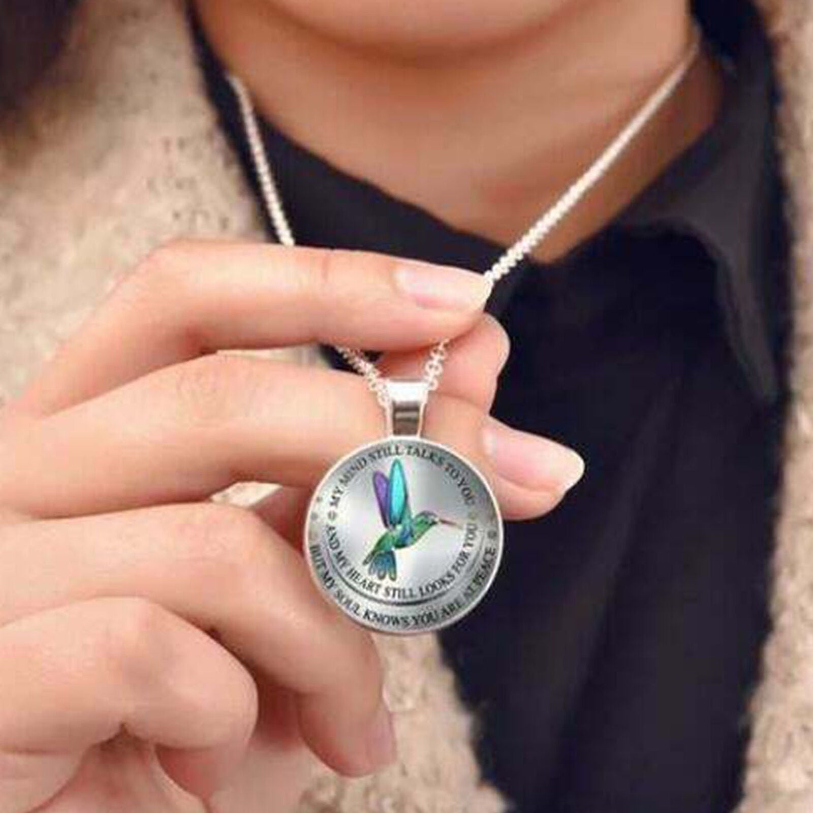 Hummingbird Memorial Necklace Round Pendant