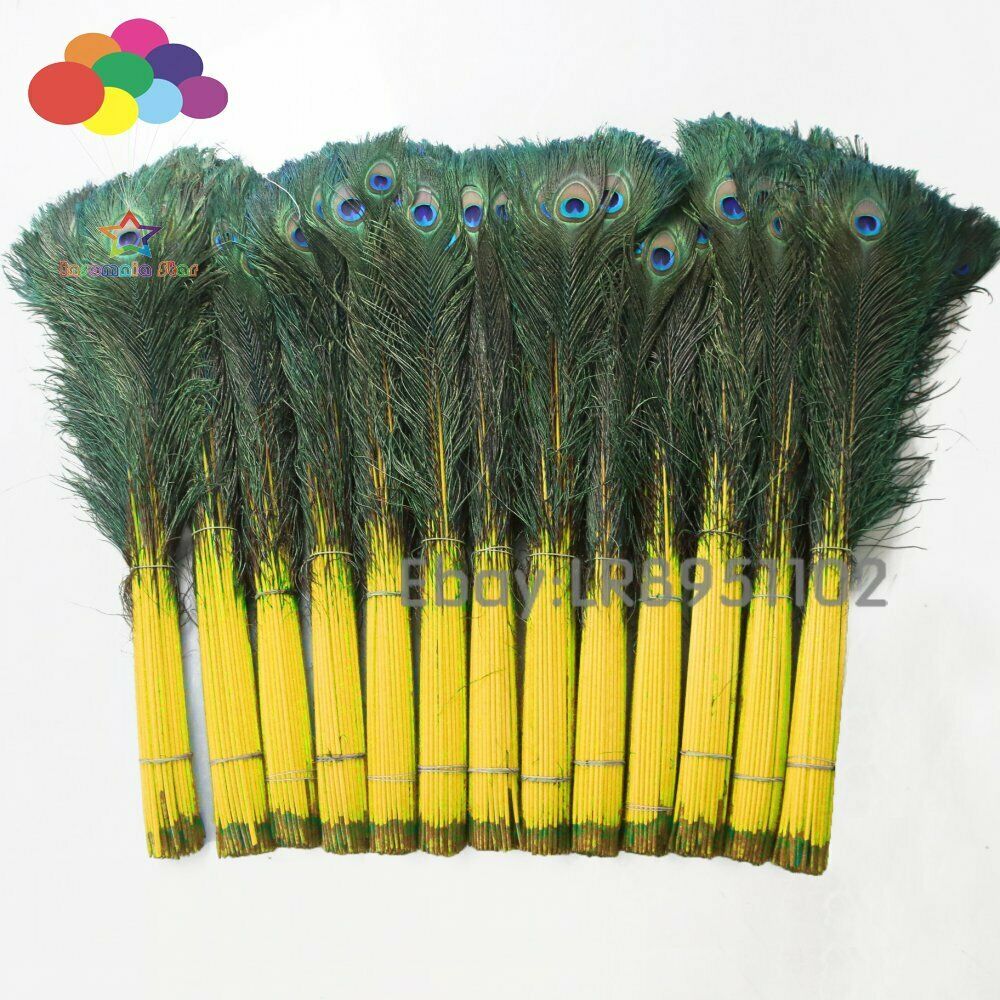 Wholesale 100 pcs Yellow Peacock Eye Tail Feathers about 70-80 cm for Earring