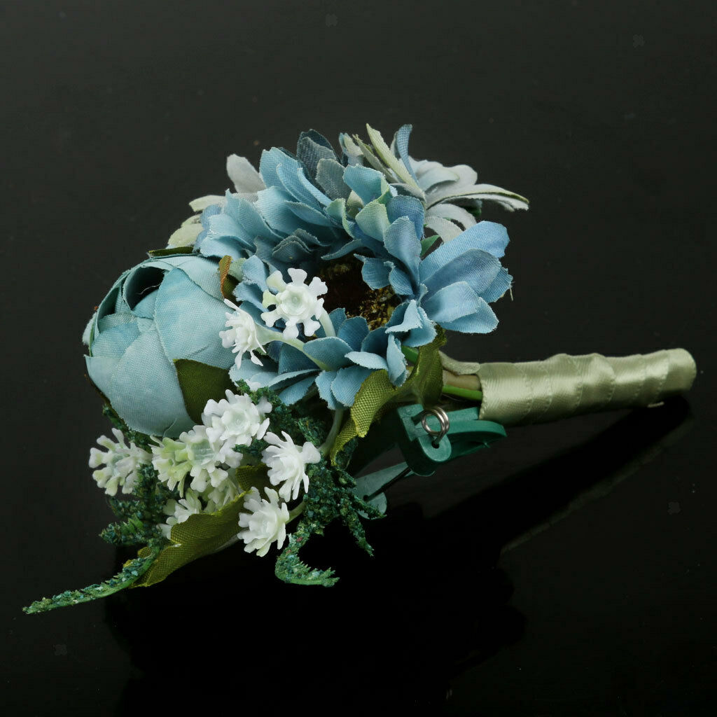 Artificial Wedding Bridal Groom Boutonniere Corsage Flower Brooch Pin Blue