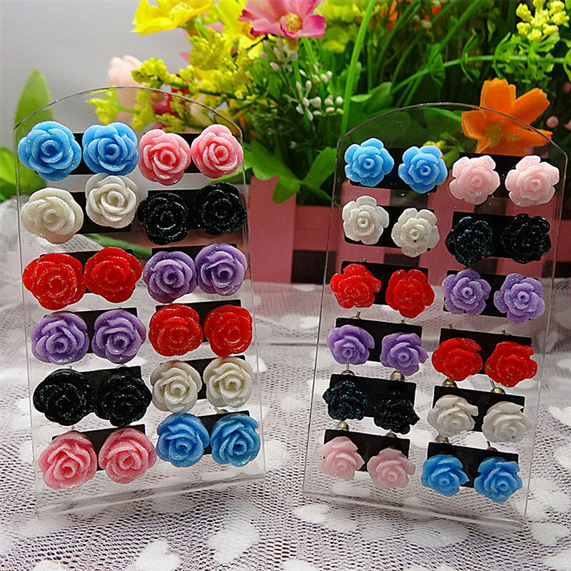 12 Pairs Rose Stud Earrings Mixed Color Flower Earrings Wholesale Jewelry .l8