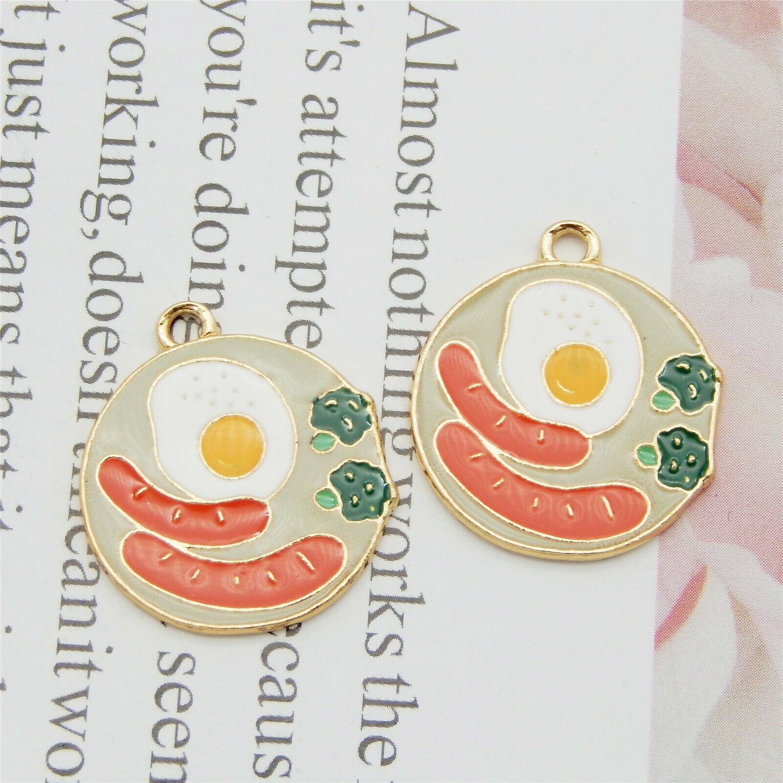 12PCS MultiColor Enamel 22x20mm Breakfast Sausage Egg Charms Pendant DIY Crafts