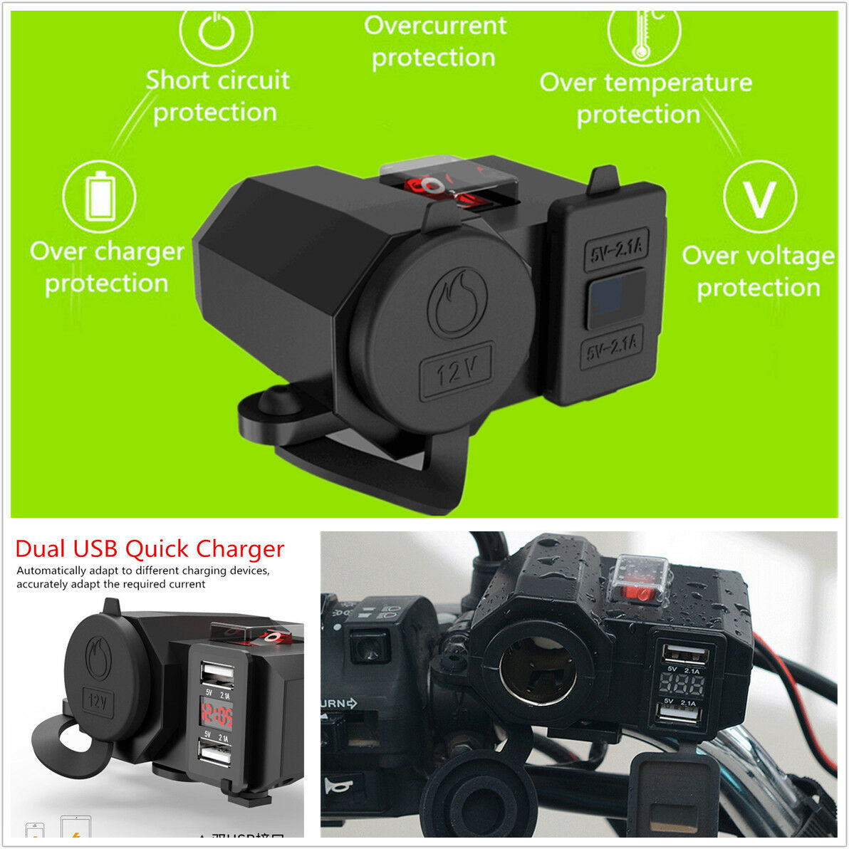 Waterproof Motorcycle Dual USB Charger Outlet Power Socket LED Digital Voltmeter