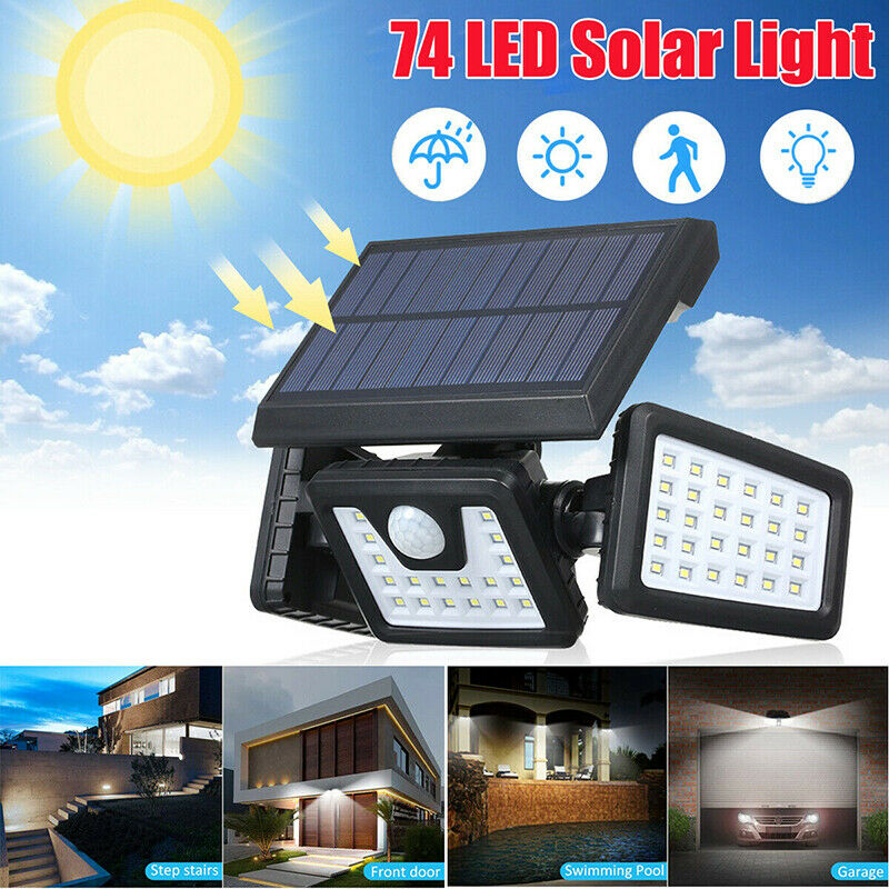 74LED 3 Heads Outdoor Solar Motion Sensor Flood Light Garden Pathways Wall Lamp