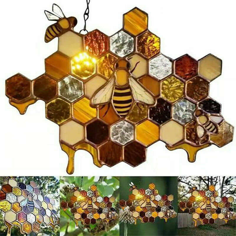 Stained Glass Bee Honeycomb Hanging Suncatcher Ornaments Window Garden Decor