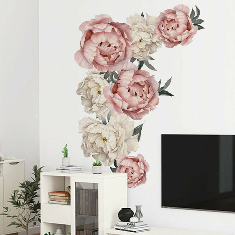 Pink Peony Flower Wall Stickers Romantic Home Decor for Bedroom Living Ro.l8