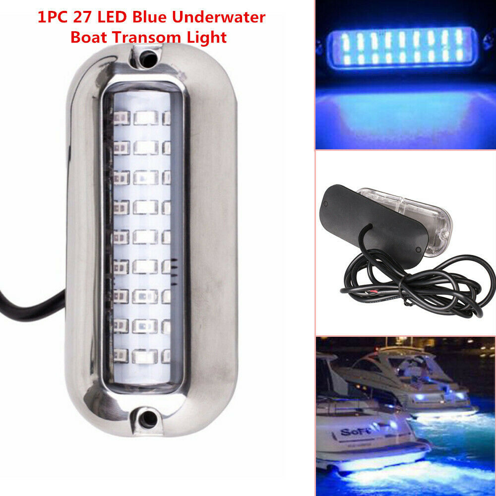 1X 3.6W Stainless Steel 27 LED Blue Underwater Pontoon Marine/Boat Transom Light