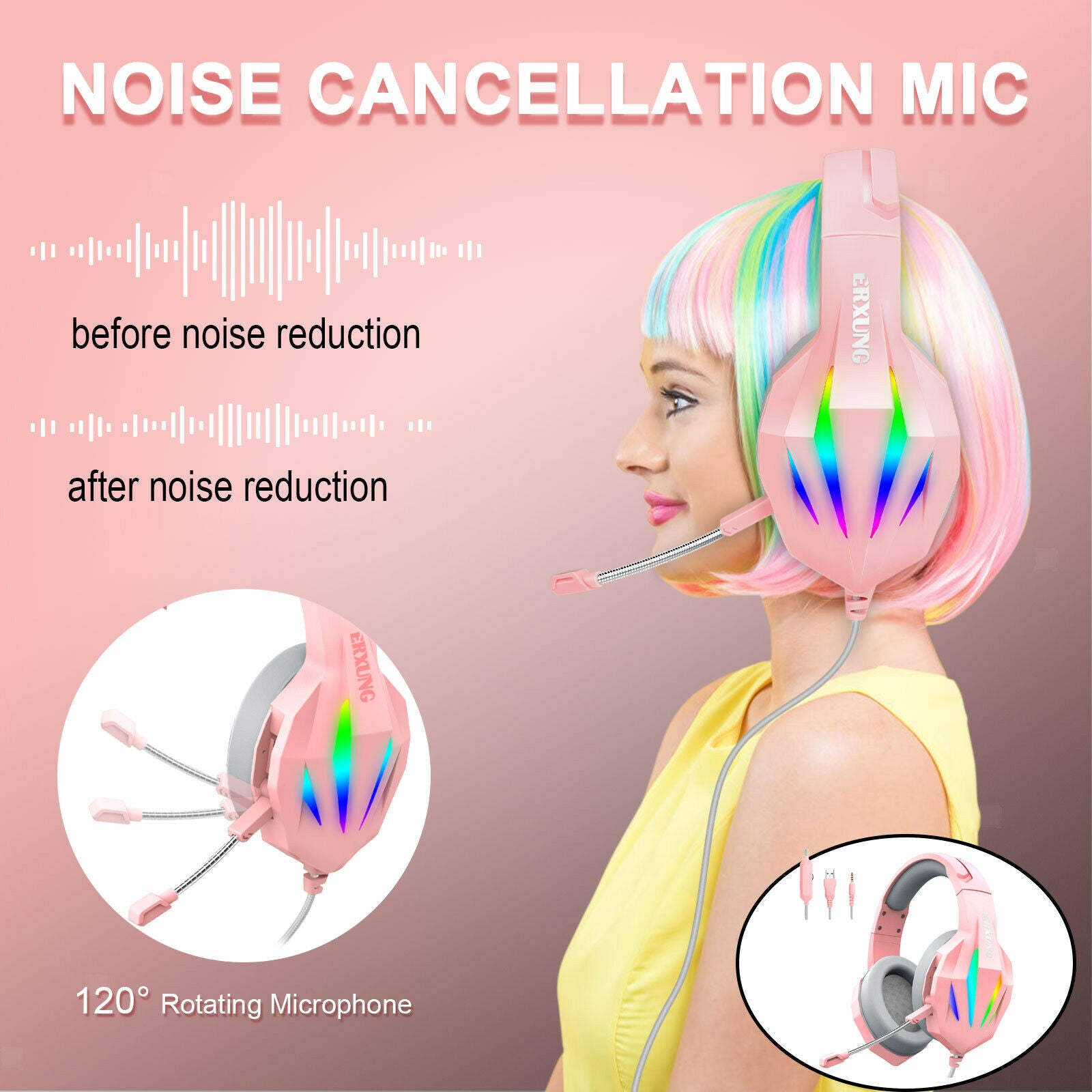 Gaming Headphones Noise Canceling Mic LED Light for Smartphone Computer