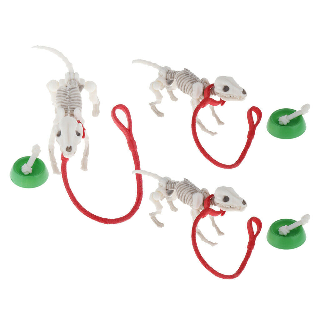 3x Mini Skeleton Dog Child Pretend Toys Party Bags Filler w/ Bowl Bone