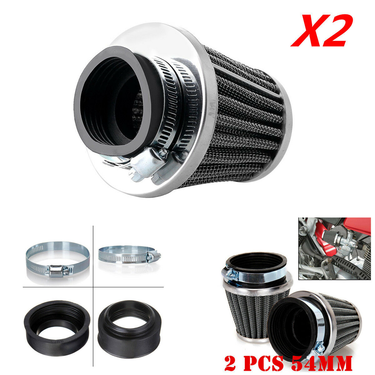 2Pcs 54mm Inlet Cold Air Intake Tapered Air Filter Cleaner For Motorcycle Racer