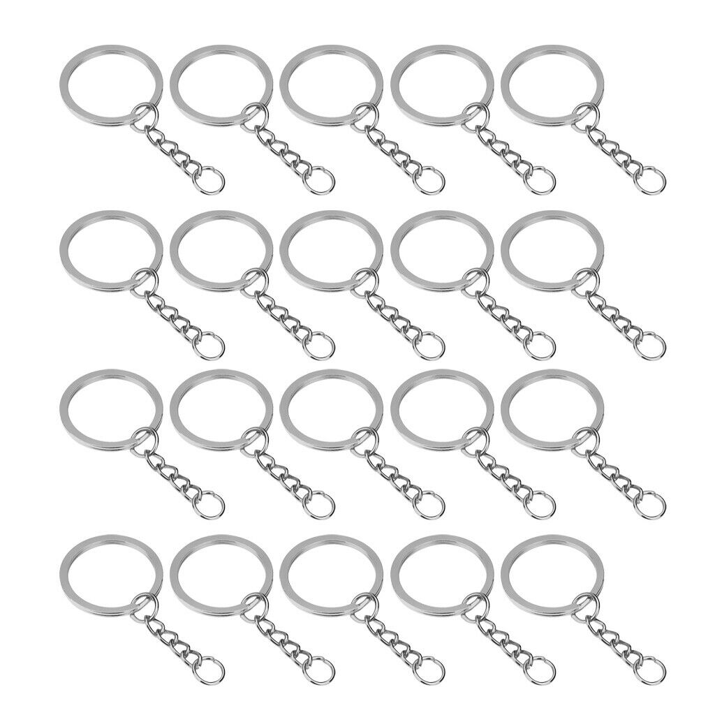 Platinum Tone 20 Keyring Key Chain Finding Split Rings with Link, 28mm