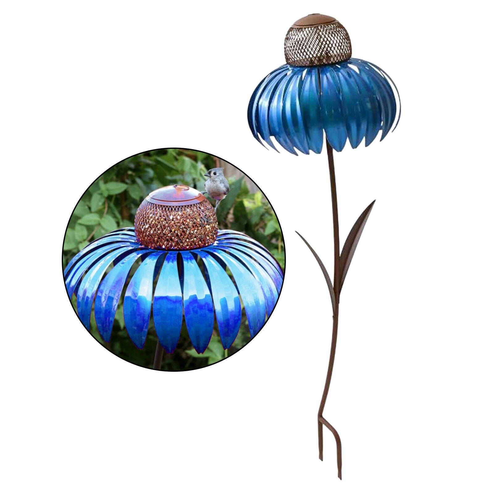 Metal Coneflower Bird Feeder Handpainted Stake Decorative Rust Resistant