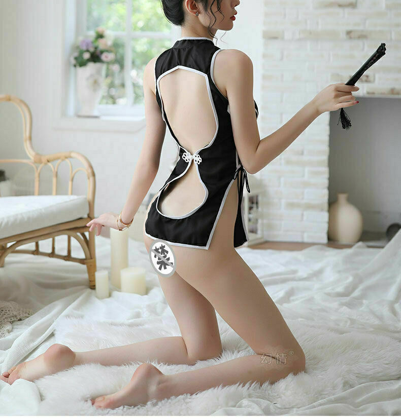 Women Sexy Split Black Backless Sleepwear Maid Bandage Cheongsam Mini Dress