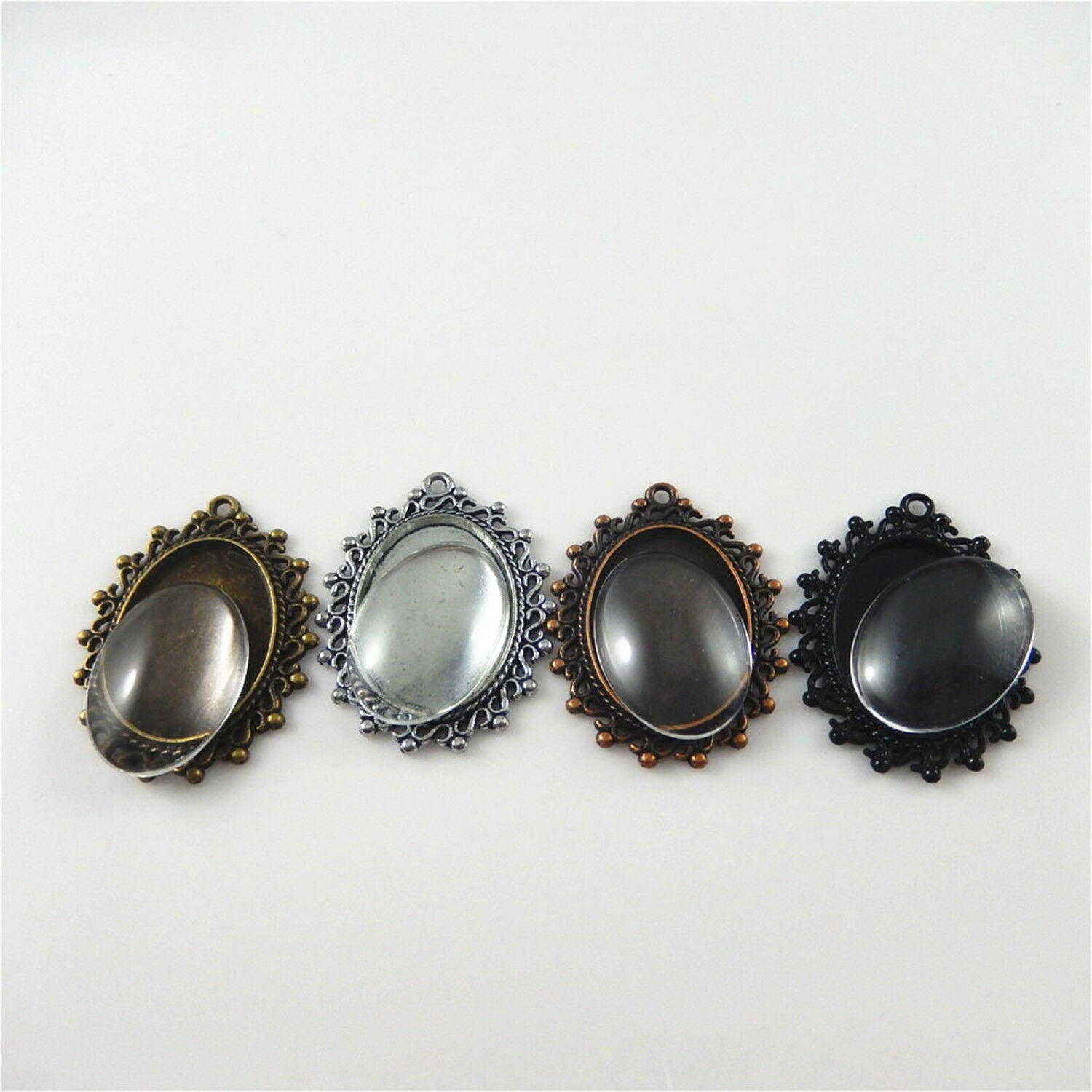 5 Sets Oval 25x18 mm Clear Glass Cameo + Bezel Charm Pendant #53484
