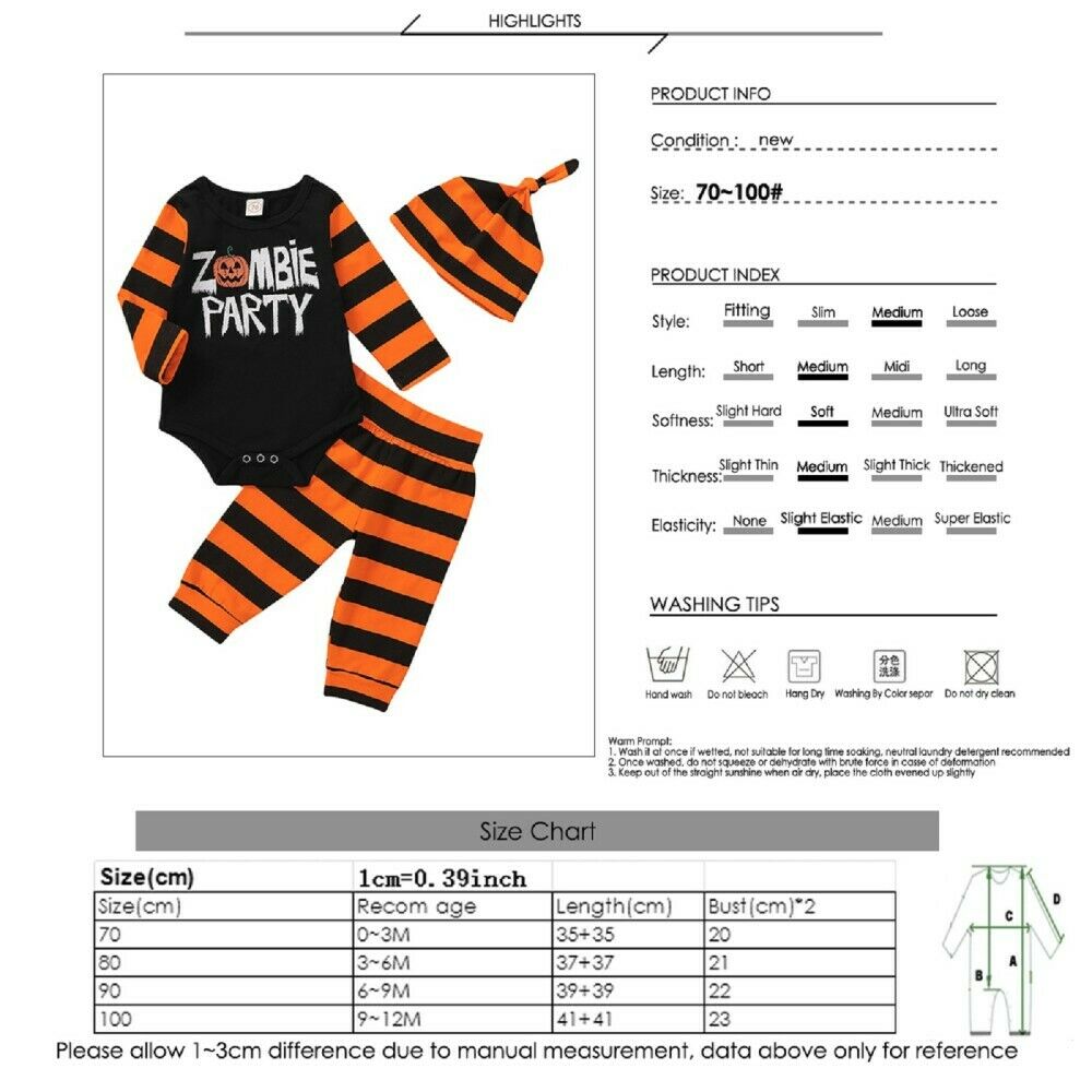 Baby 3pcs Halloween Clothes Outfits Long Sleeve Romper Striped Pants Hat Set