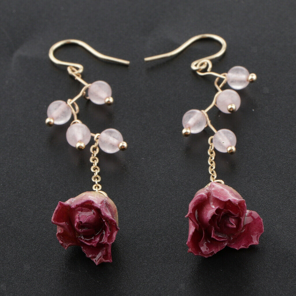 Boho Drop Dangle Dried Rose Flower Earrings Ear Studs Womens Ear Jewelry