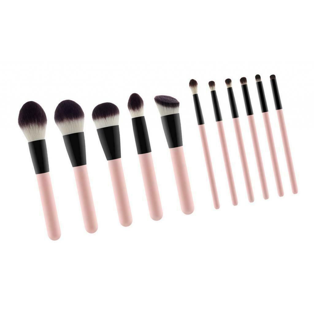Set of 11 Soft Nylon Liquid Powder Blender Blush Kabuki Brush Pink+Black