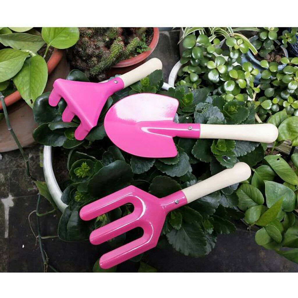 3pcs Mini Rake Shovel Fork Set for Kid's Easy to use Practical Safe Pink