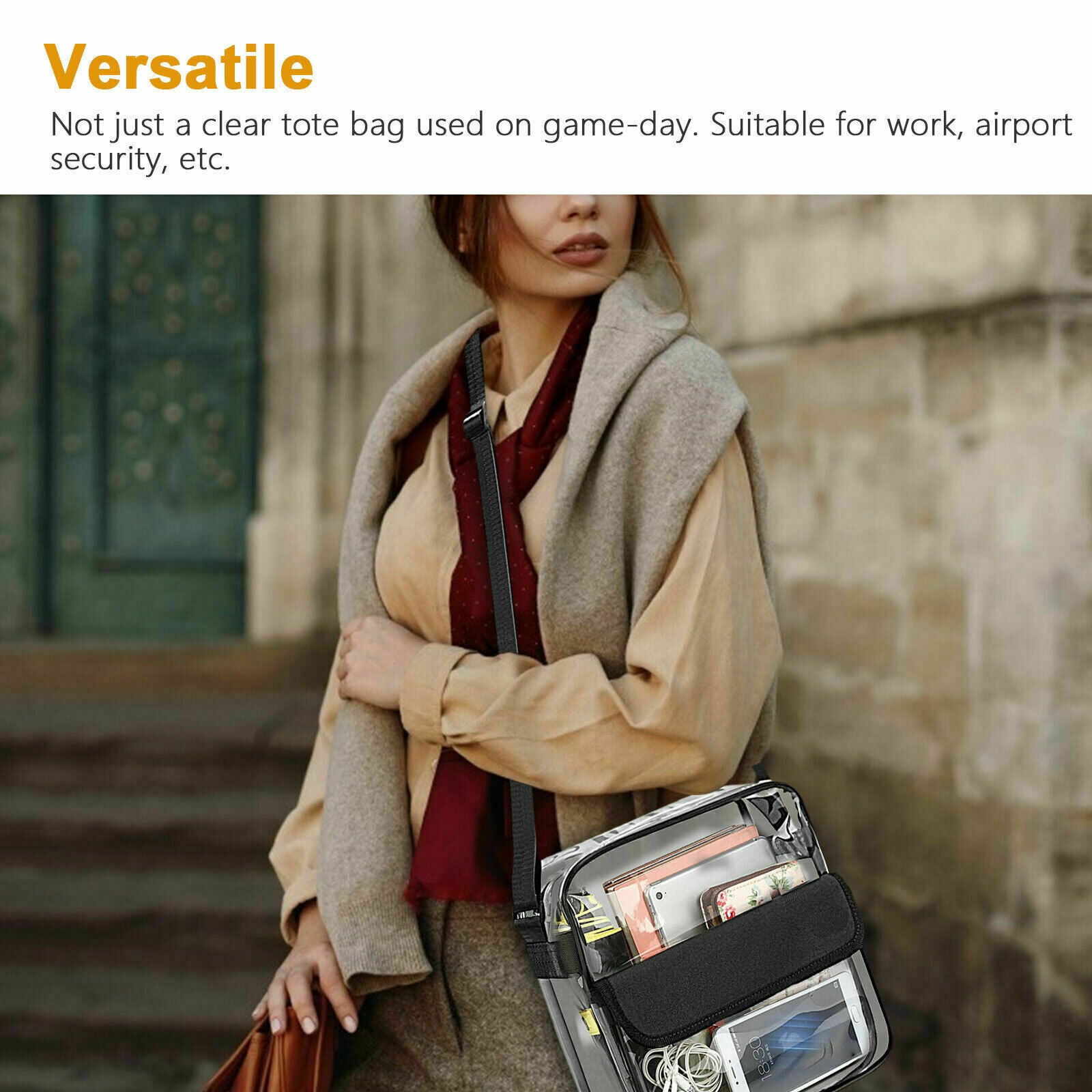 Clear Plastic Tote Bag Women Transparent Handbag Zip Purse NFL Stadium Crossbody