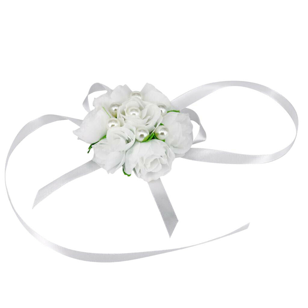 Wedding bracelet flowers bow leaves flower girl bridesmaid, white