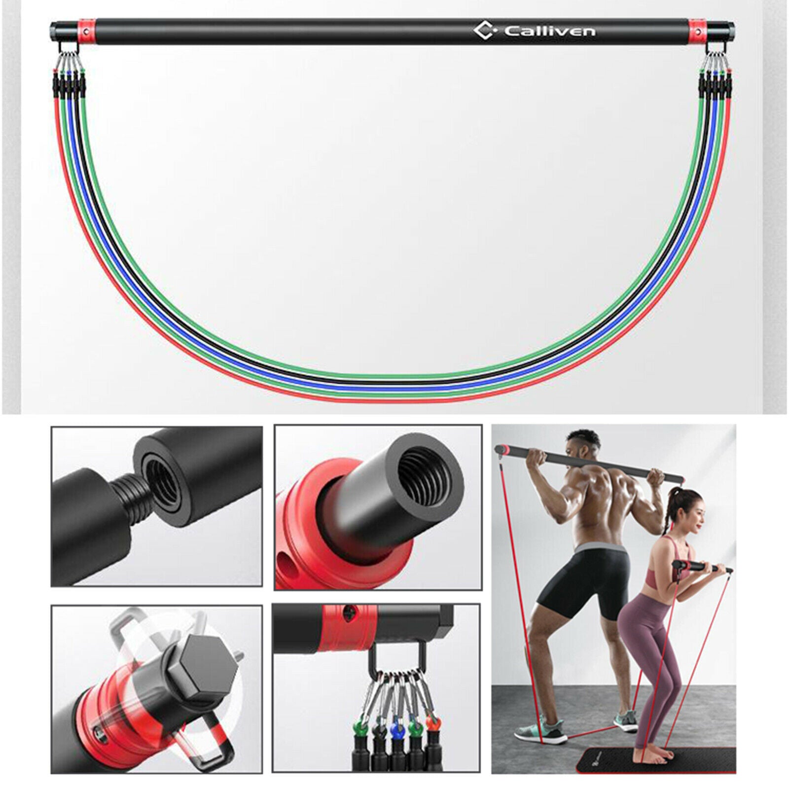 Fitness Pilates Bar Kit Folding Resistance Bands Tubes 100lbs Abdomen Toner