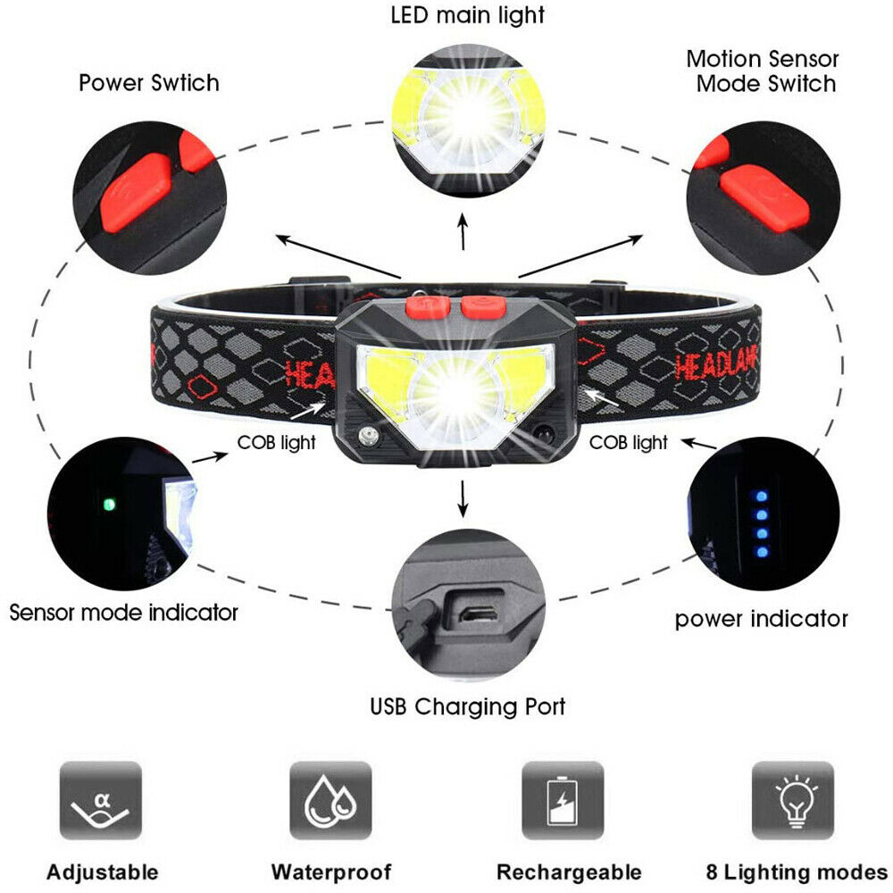 USB Rechargeable Waterproof Headlight Super Bright Head Torch Headlamp Camping