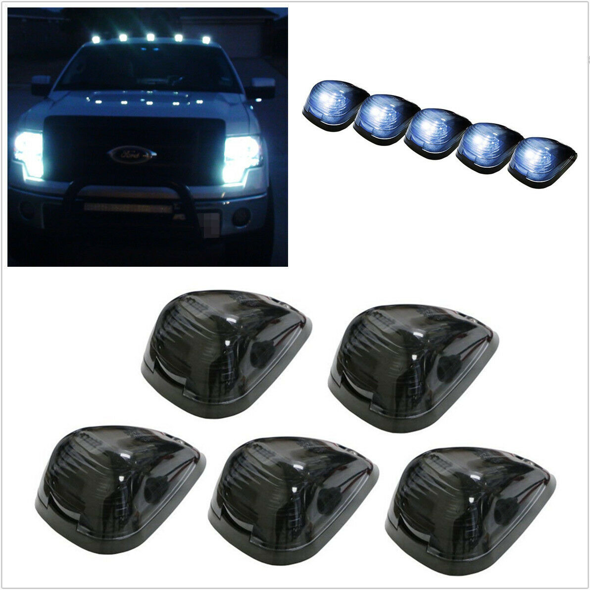 5x Smoked Lens+White LED Light Truck SUV Off Road Cab Roof Running Marker Lights