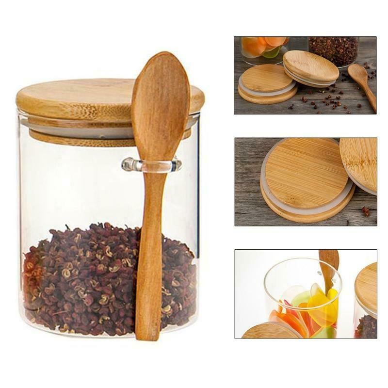 Sugar Bowl with Bamboo Lid and Spoon Clear Glass Canister Jar for Kitchen Storag