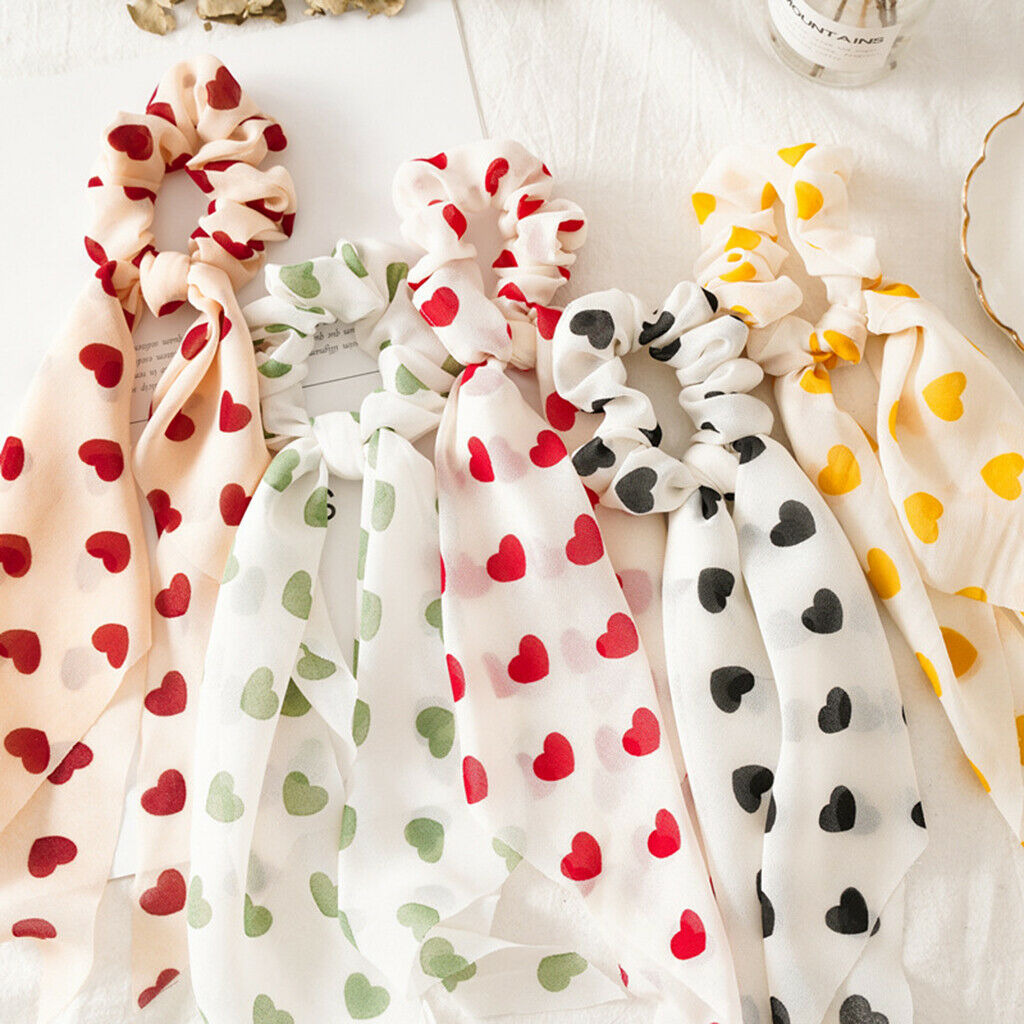 5x Hair Scrunchies Heart Print Wide Ribbon Elastic Hair Ties Updo Tool