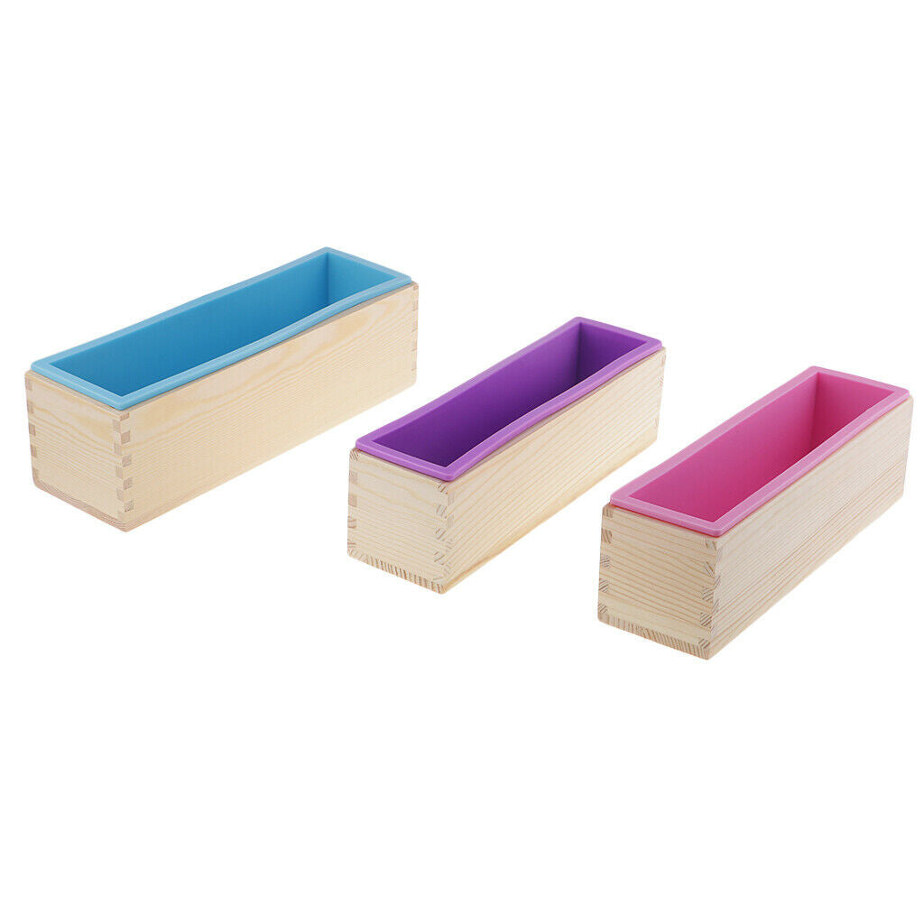 3x Rectangle Silicone Soap Loaf Mold with Wooden Box DIY Cake Bread Mould
