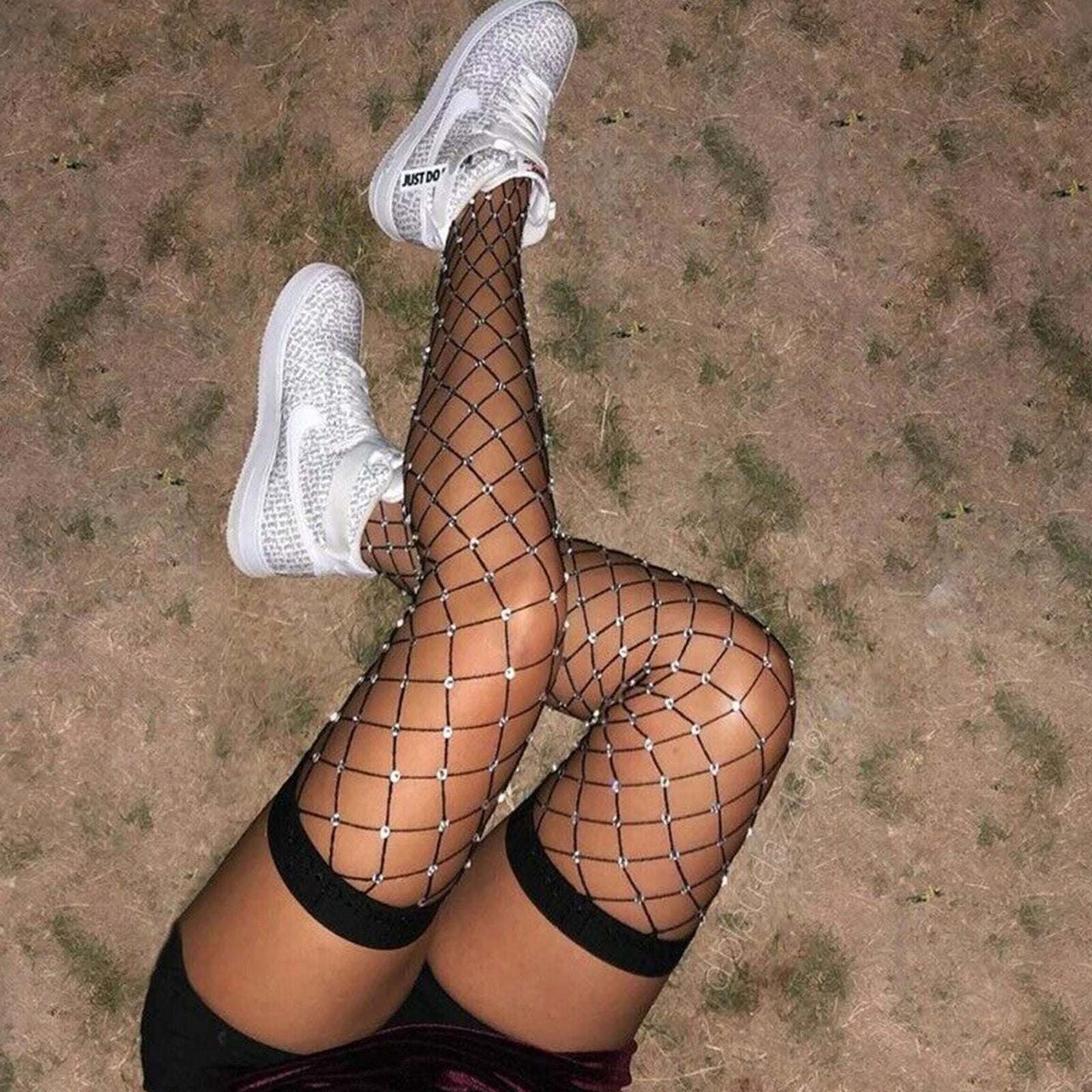 Woman Crystal Glitter Thigh High Stockings Rhinestone Fishnet Pantyhose Tights