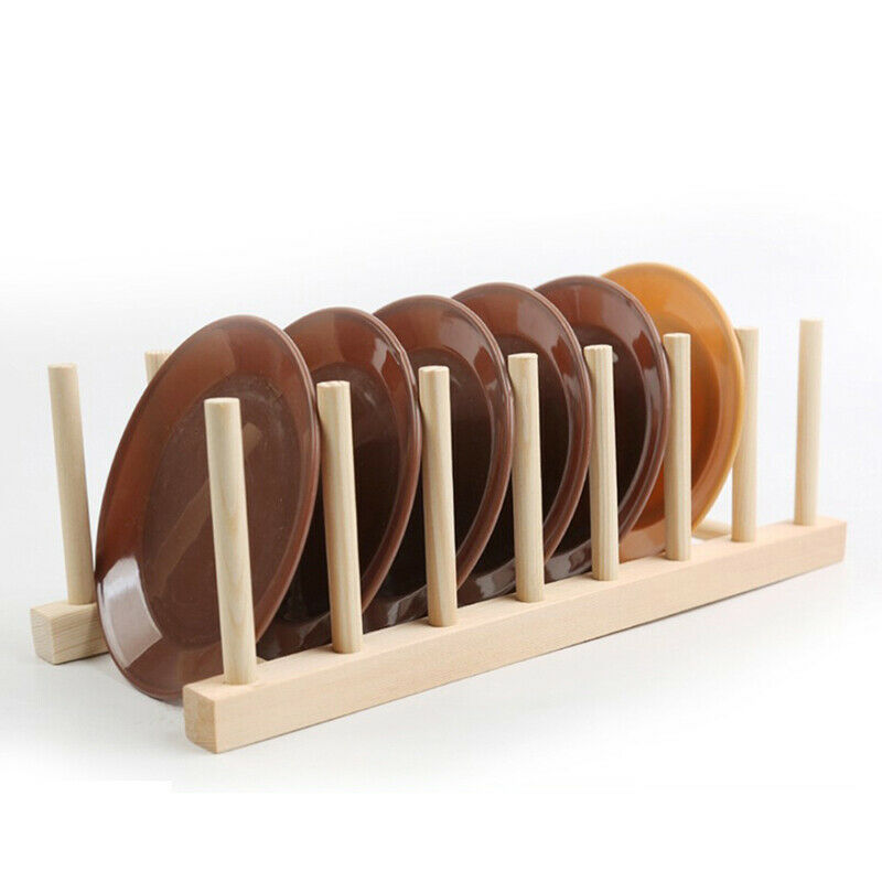 Wood Plate Holder Dish Rack Drain Storage Display Stand Kitchen OrganizerBDDD