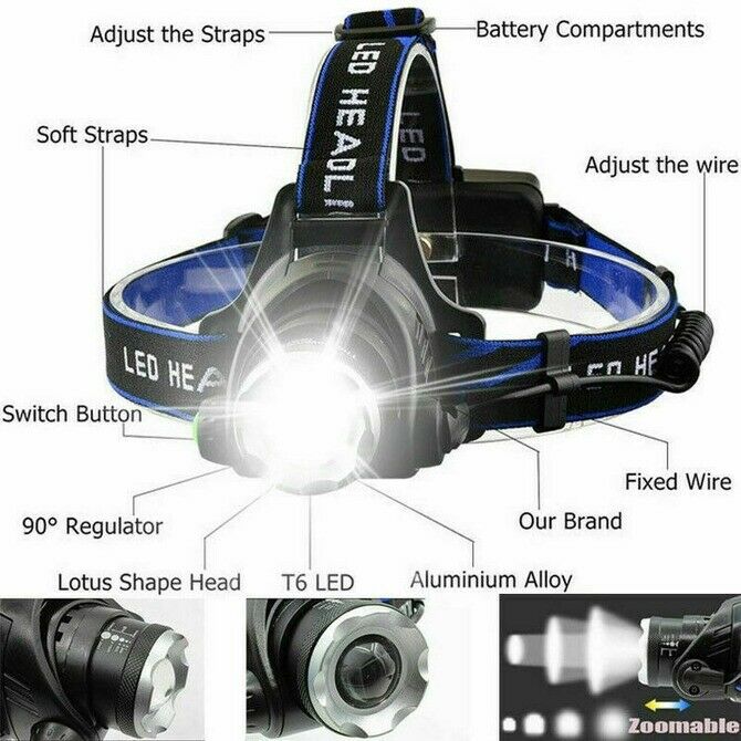 1PCZoom Headlamp Rechargeable T6 LED Headlight Flashlights Head Torch Fish s