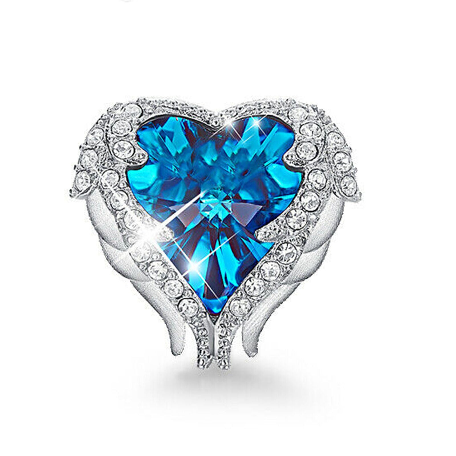 Angel Wings Blue Crystal Heart Pendant Necklace Austria Crystals