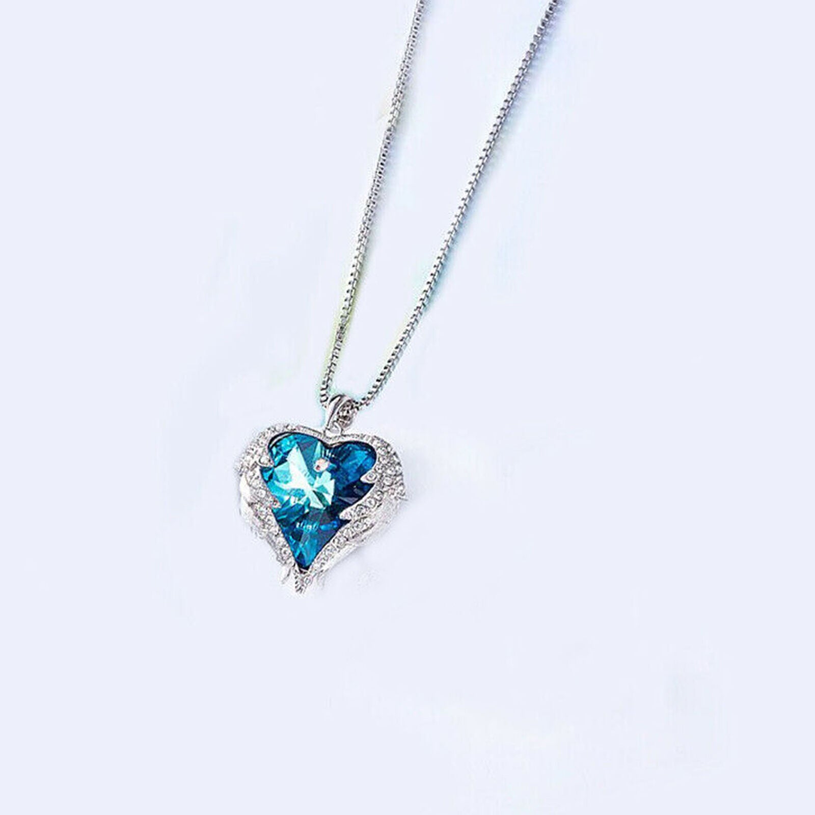 Angel Wings Blue Crystal Heart Pendant Necklace Austria Crystals